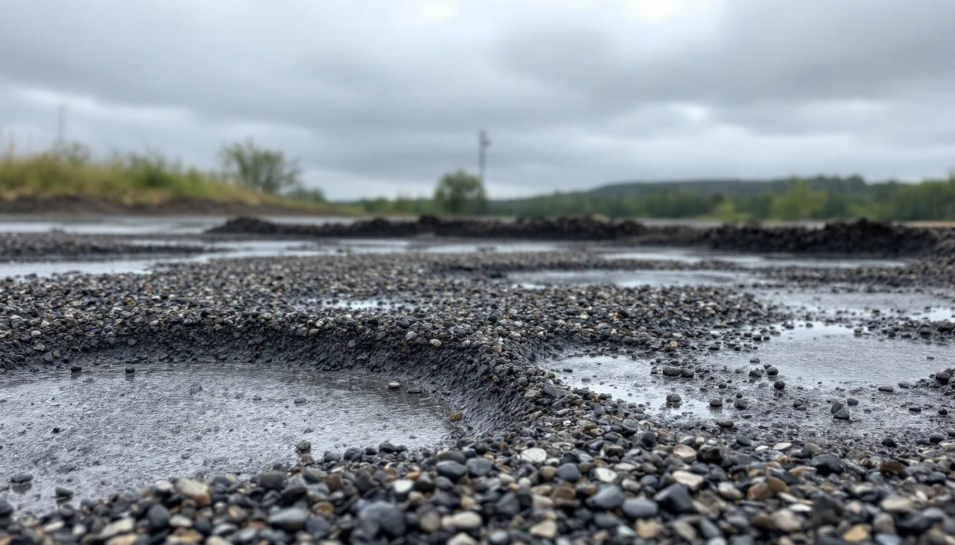Unfinished gravel base holding rain puddles under a gray sky