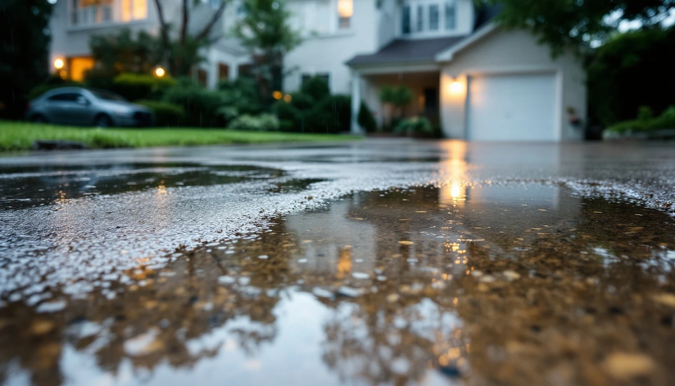 Sealed concrete drive holding puddles after steady rain