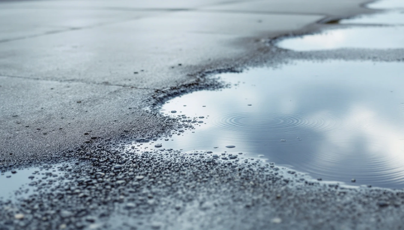 Shallow puddles reflecting gray sky on a new concrete slab