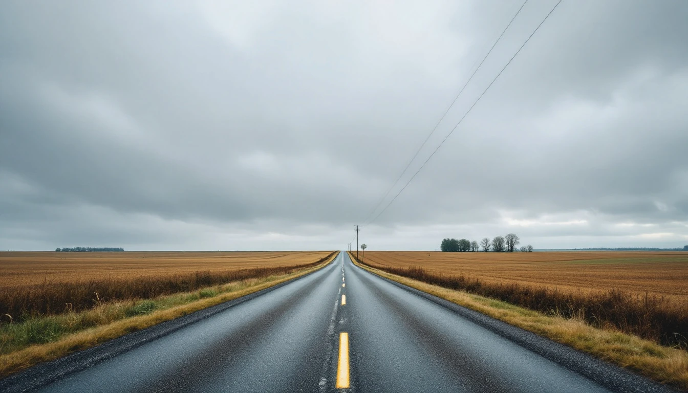 Quiet asphalt lane stretching toward open fields under gray skies