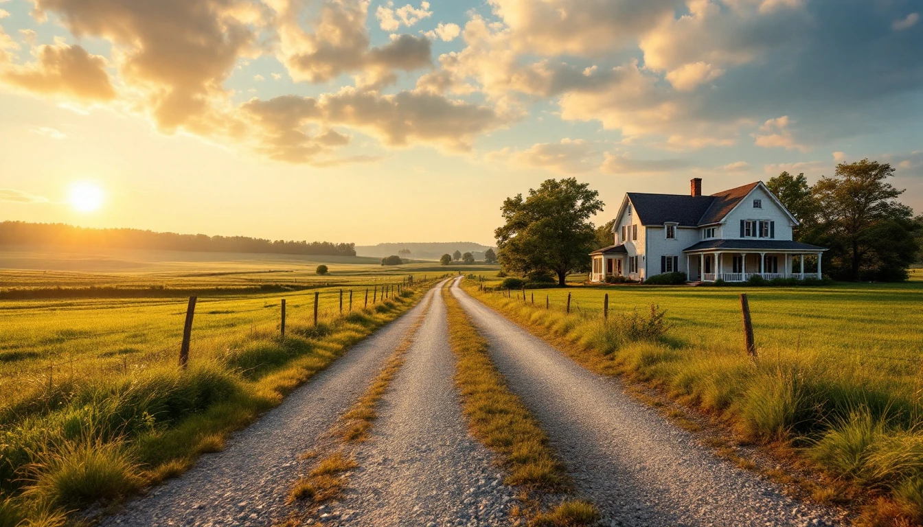 Quiet gravel lane crossing open turf toward a rural home