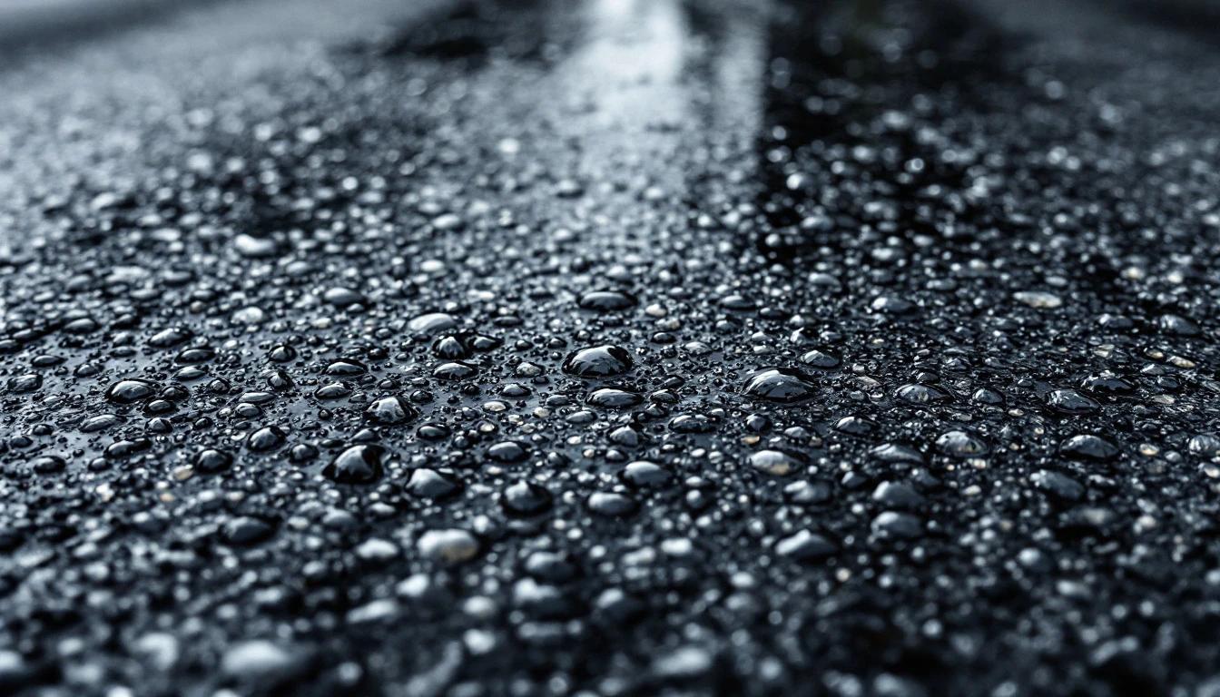 Rain beads dotting a weathered asphalt surface in soft light
