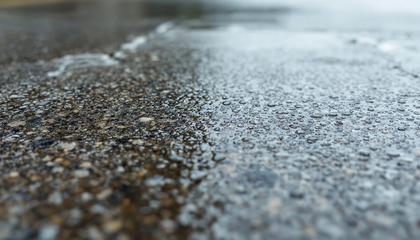 Rain beads on a broom textured concrete surface with grip