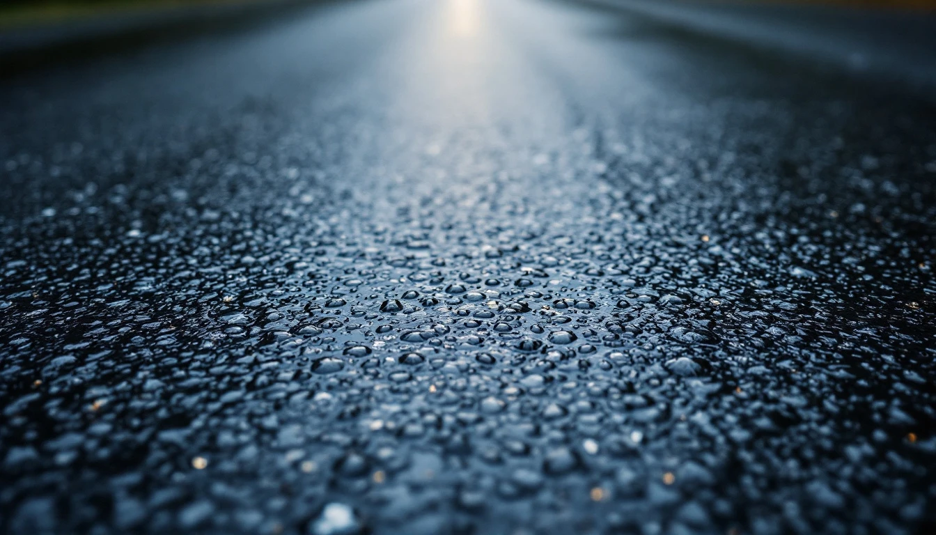 Raindrops beading across a dark sealed asphalt surface after rain