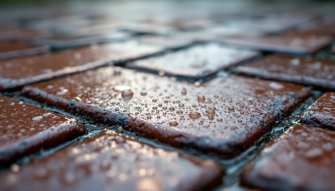 Rain beads dotting sealed paver joints after a passing shower