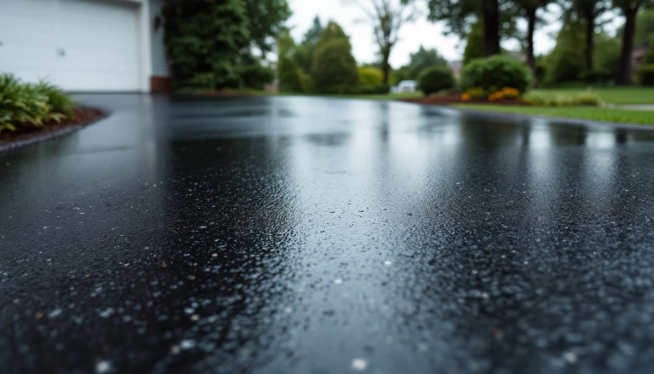 Dark asphalt driveway gleaming after rain in front of a house