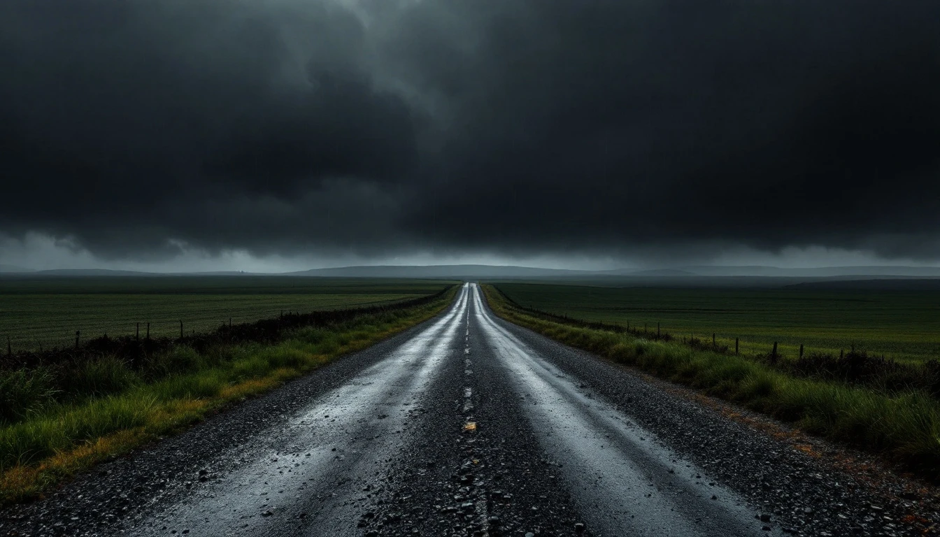 Rain darkened gravel approach stretching toward open meadow