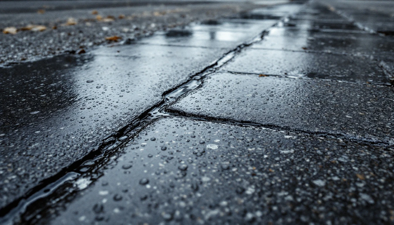 Rain darkened broom textured concrete with grippy ridges