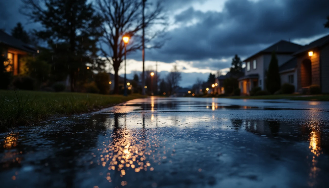 Rain darkened concrete drive reflecting a cloudy sky