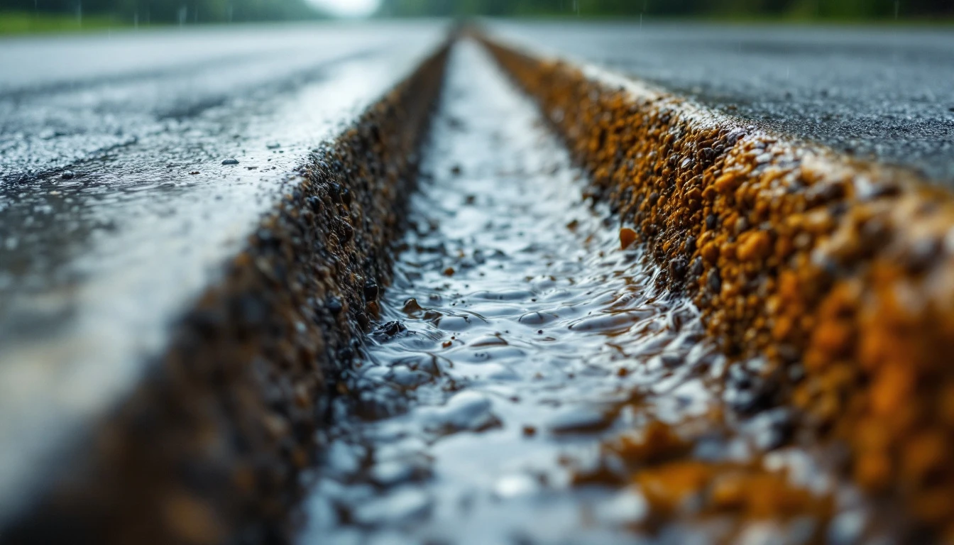 Rain runoff flowing toward a channel drain at the drive edge