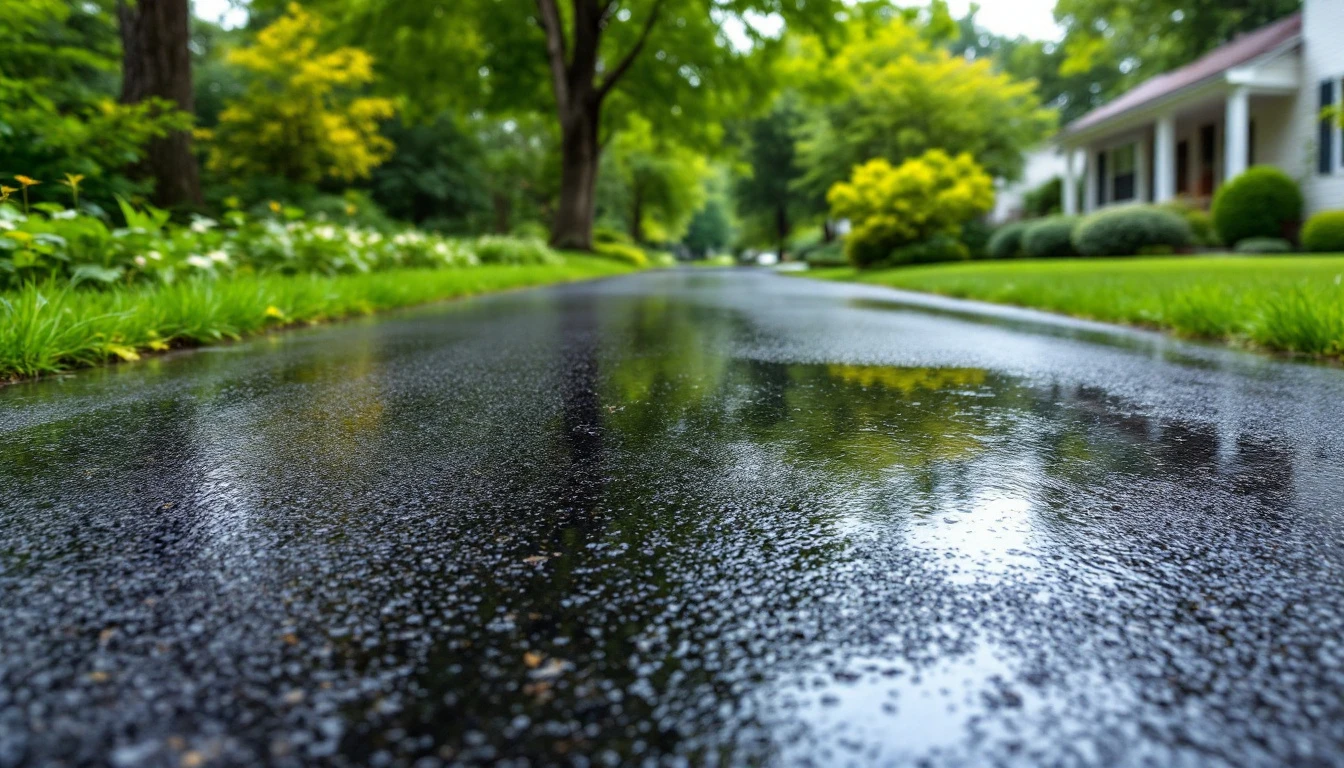 Glossy sealed asphalt driveway still wet after a rain shower