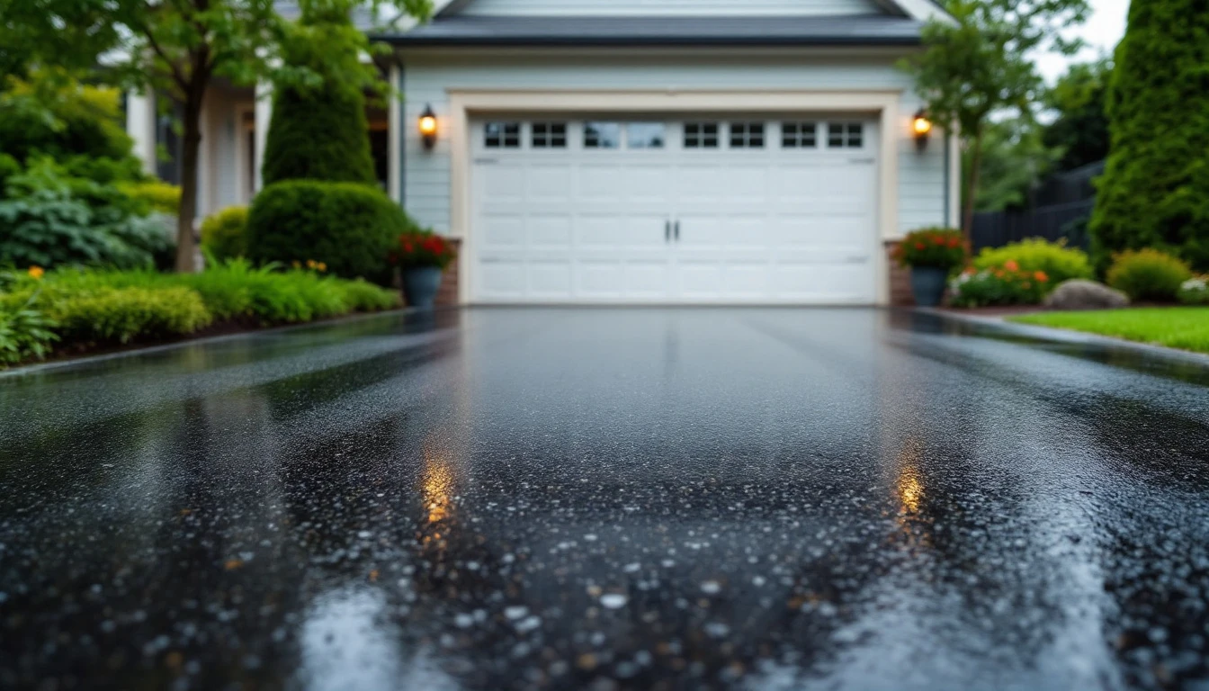 Rain glossed sealed asphalt in front of a closed garage