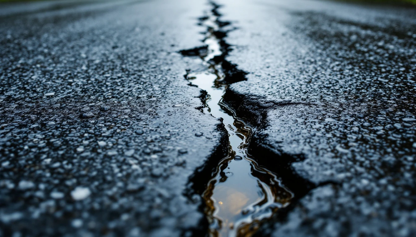 Rainwater pooled along a long crack in an asphalt driveway