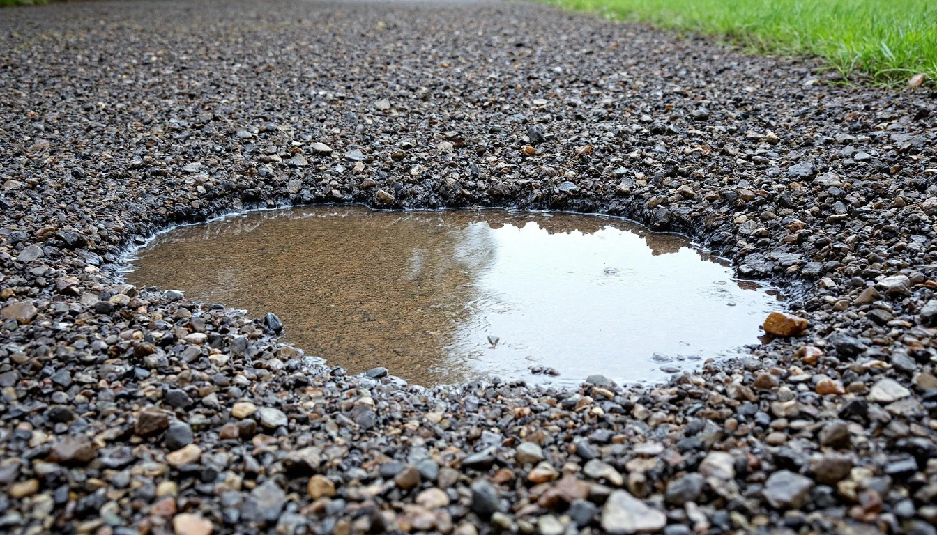 Rain puddles pooling on an unfinished gravel base at a halted work site