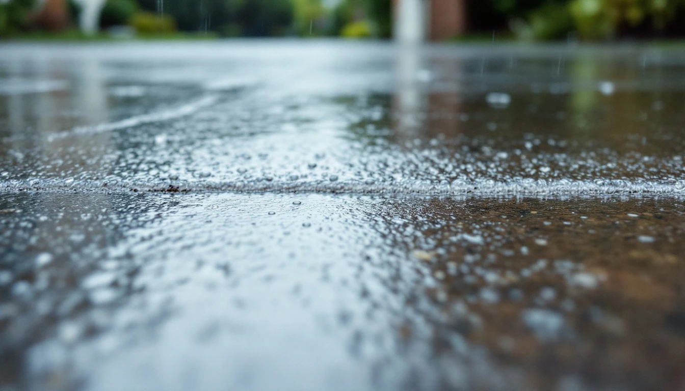 Rainwater sheeting off a sealed concrete driveway after a shower