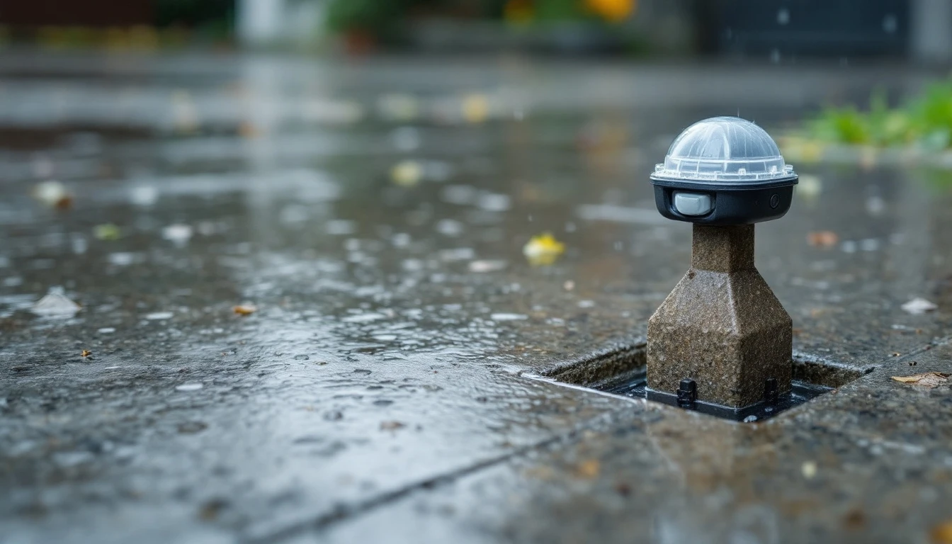 Small sensor on a post beside a wet concrete edge