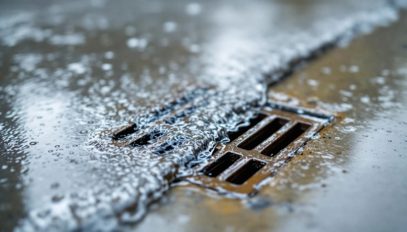 Rainwater sheeting off a sealed slab toward a drain grate