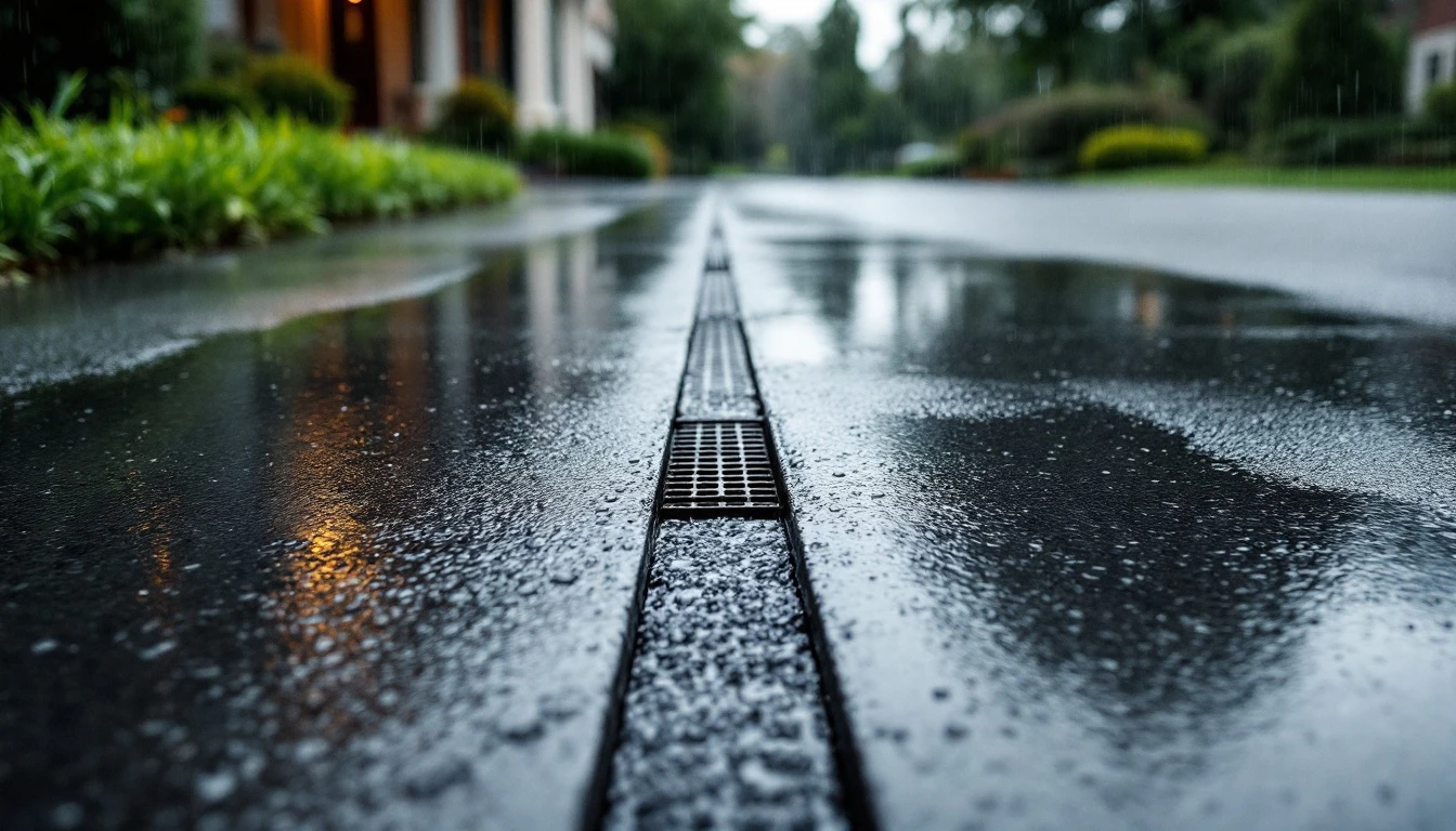 Rain water sheeting across a sealed driveway toward a drain