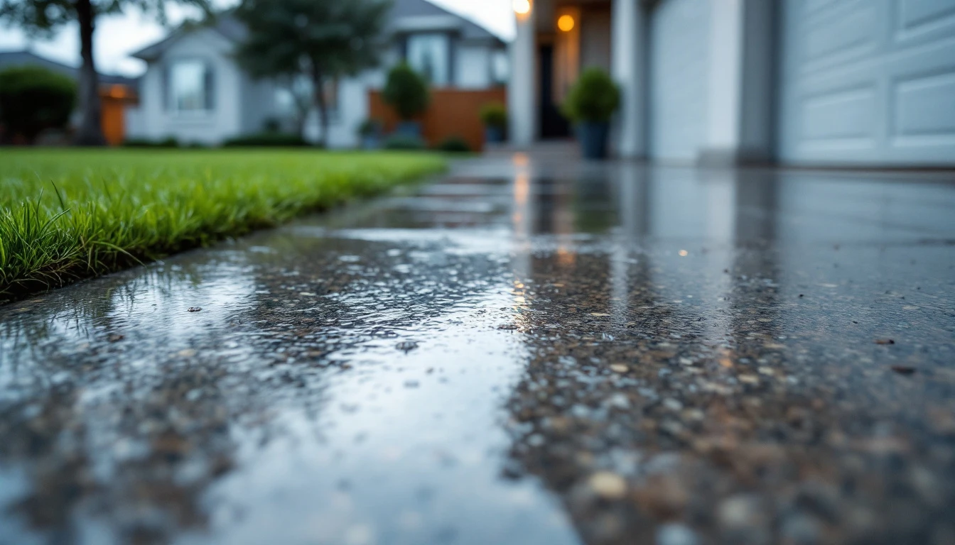 Rain slick sealed concrete reflecting a flat gray sky overhead