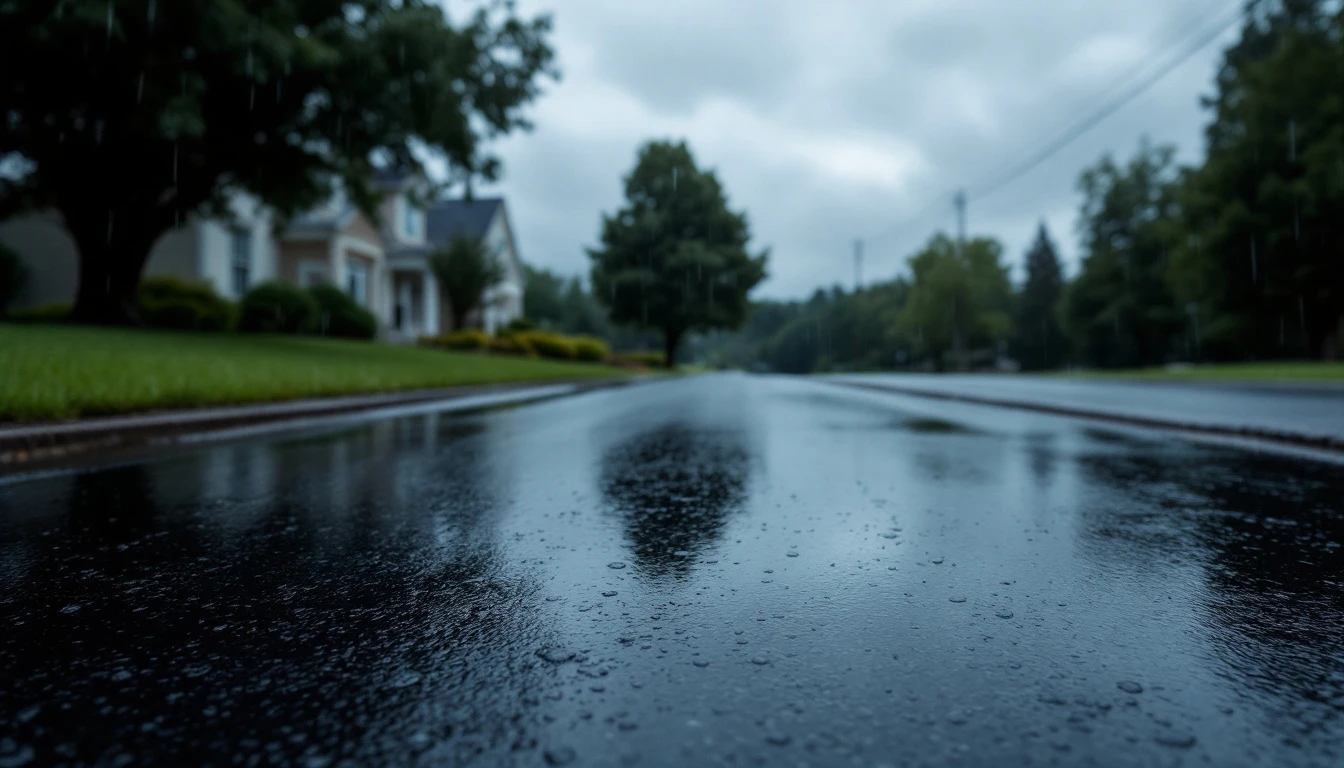 Rain darkened sealed asphalt drive under a gray wet sky