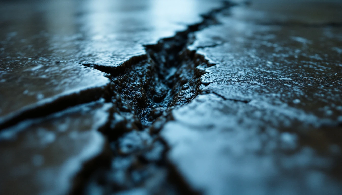Close view of a rain soaked crack running through a concrete slab