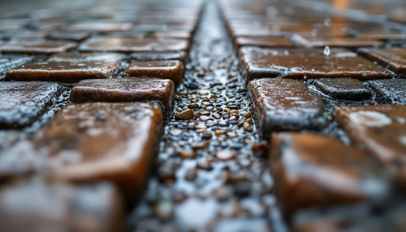 Rain soaking into the wide gravel joints between permeable pavers