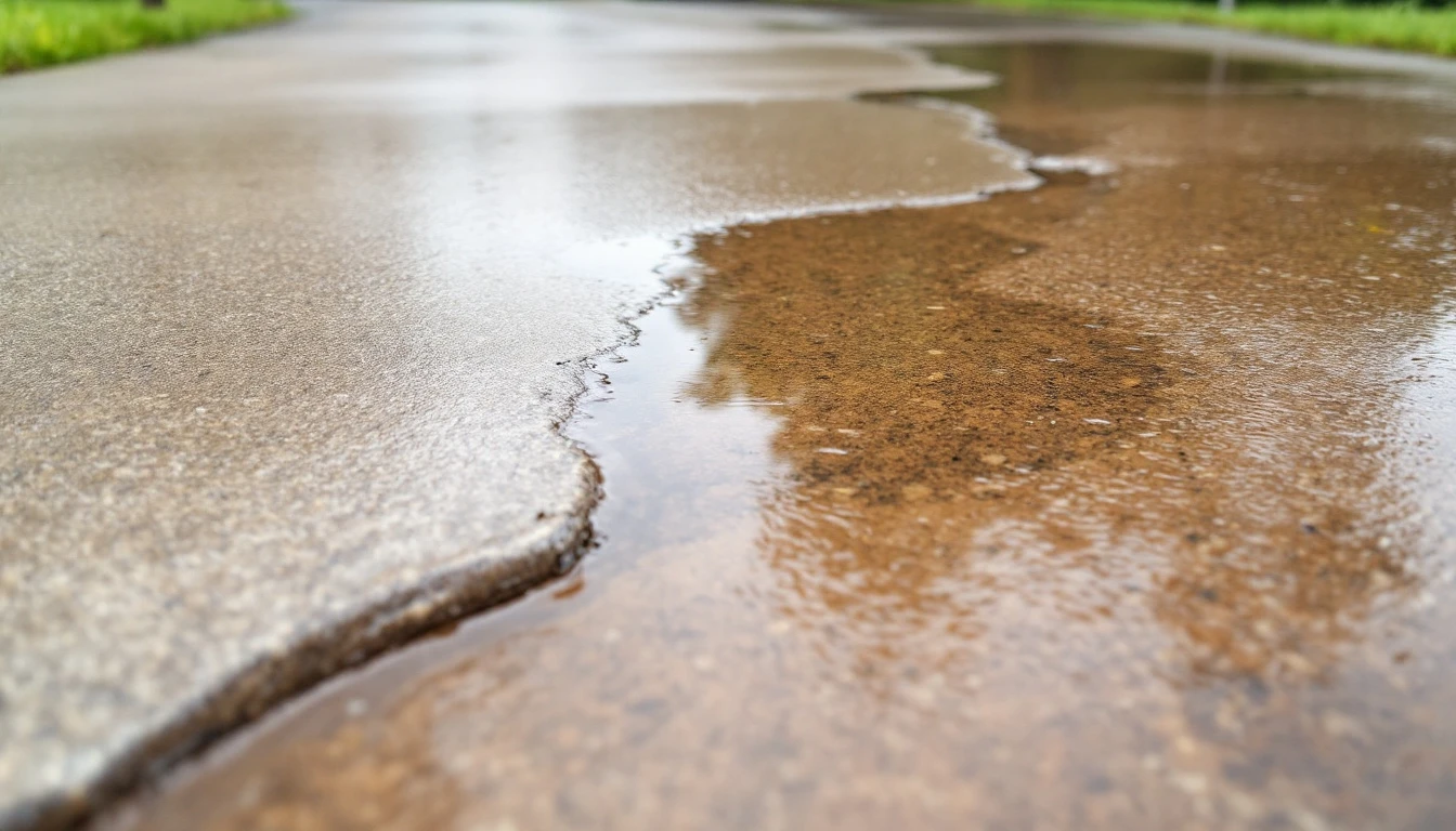 Rain washed concrete drive with shallow puddles along the edges