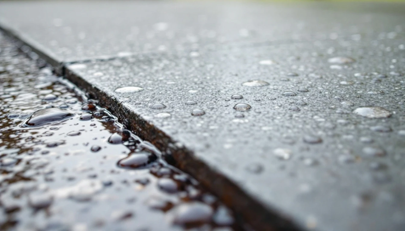 Raindrops beading on a freshly sealed concrete surface