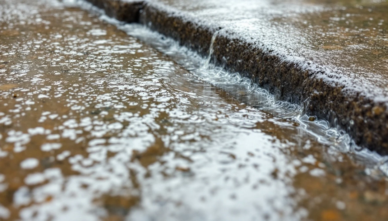 Rainwater sheeting off a sealed concrete driveway toward a trench drain