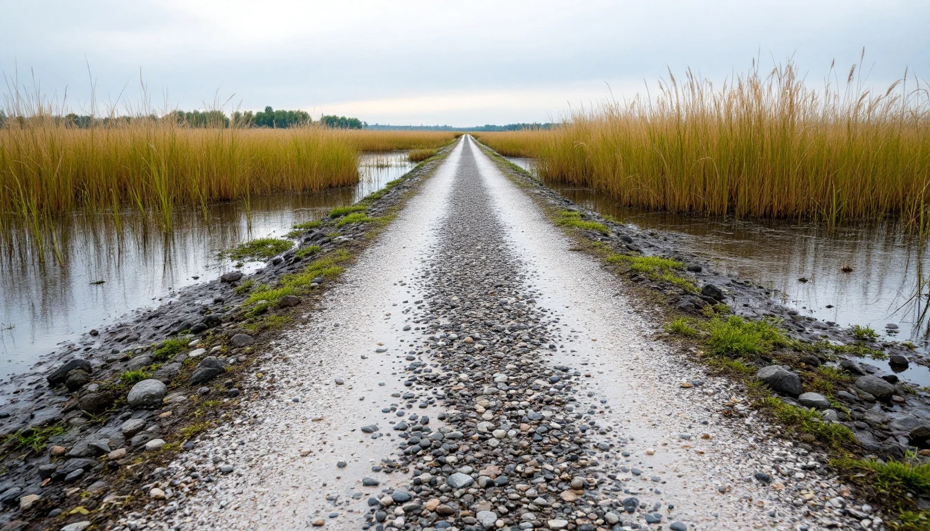 Raised gravel causeway crossing marshy ground with tall reeds