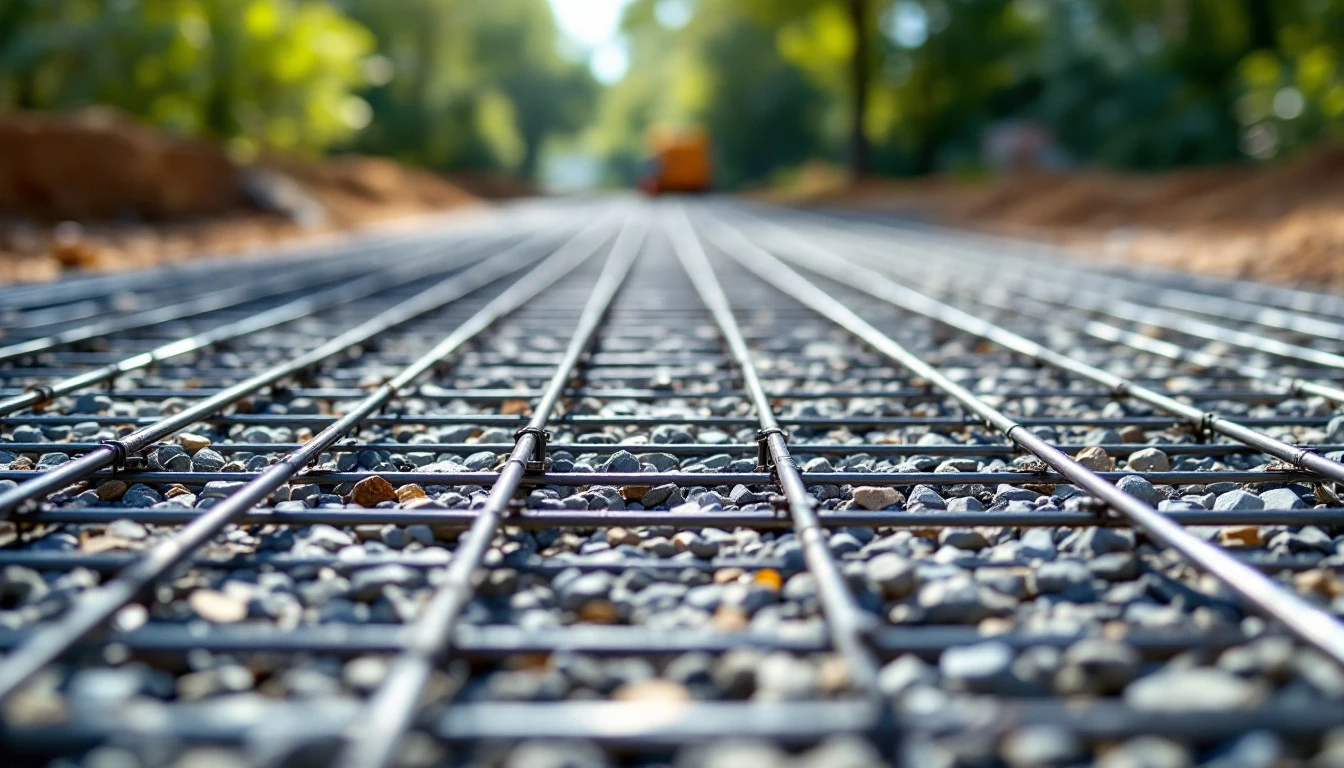 Steel rebar grid laid over a compacted gravel drive bed