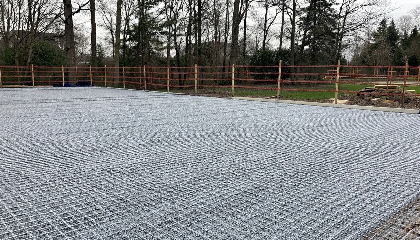 Steel reinforcement mesh laid over a graded gravel driveway base