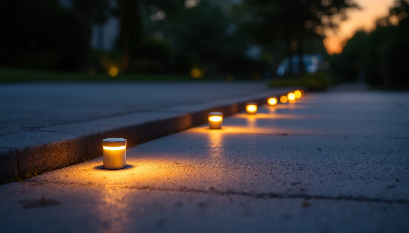 Small ground lights glowing along a concrete drive edge at dusk