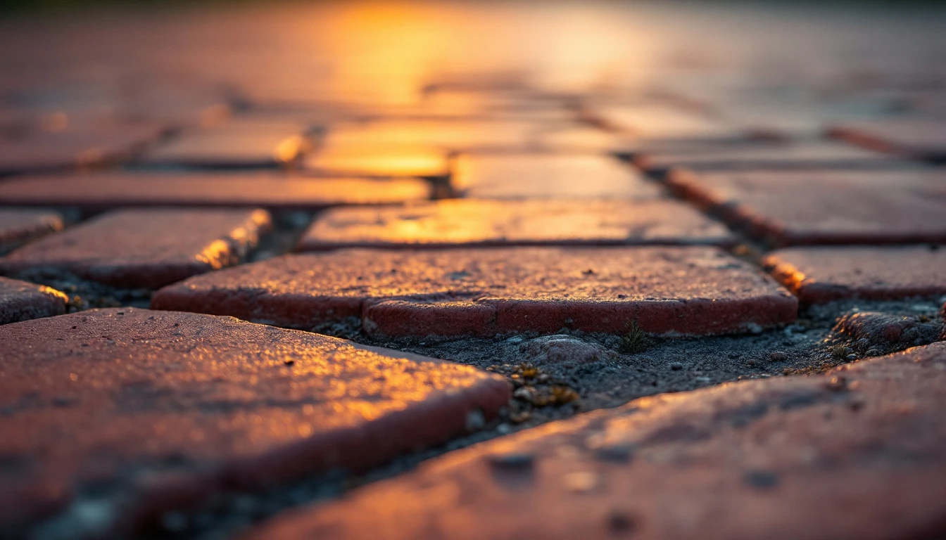 Red brick pavers with weathered edges catching warm evening light