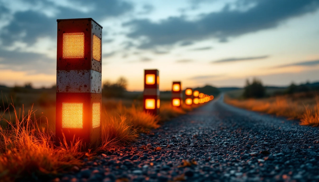 Reflective posts lining the edge of a gravel drive at dusk