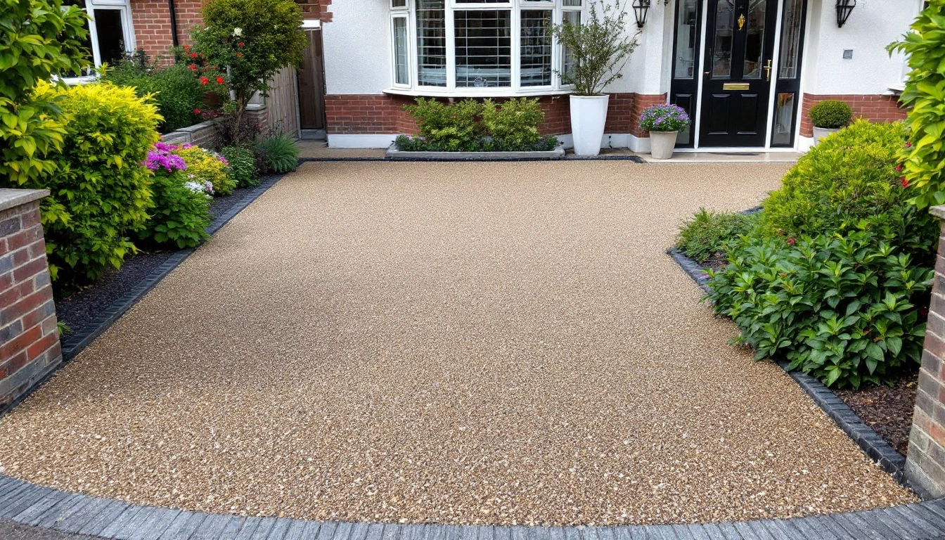 Resin bound driveway with smooth pebble finish at a tidy frontage