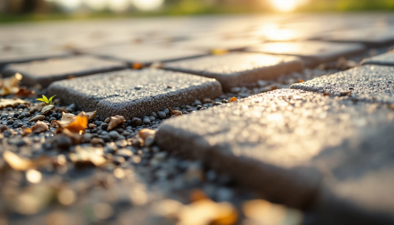 Speckled bound stone surface ending at a neat row of clay bricks