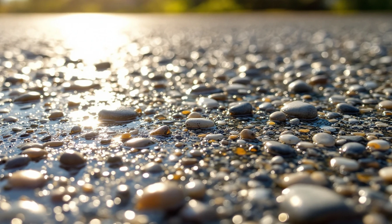 Sunlit resin bound pebble surface with uniform speckled texture