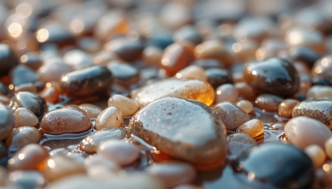 Damp resin bound pebbles with a soft sheen after the rain