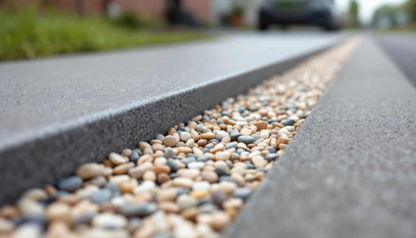 Resin bound pebble surface meeting a smooth concrete border strip