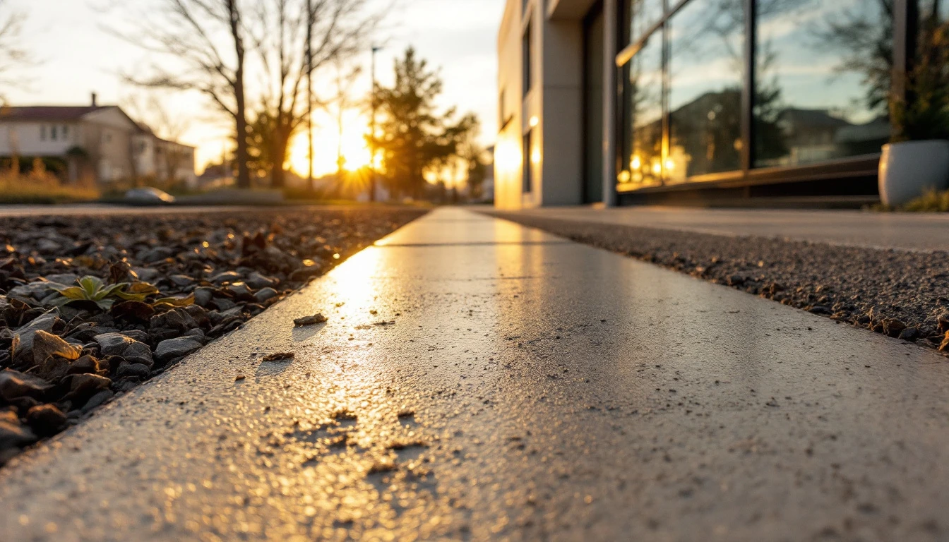 Fresh resurfacer coat meeting faded older concrete at a straight line