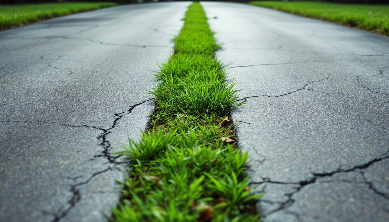Cracked concrete ribbon strips with a grass center on a small lot