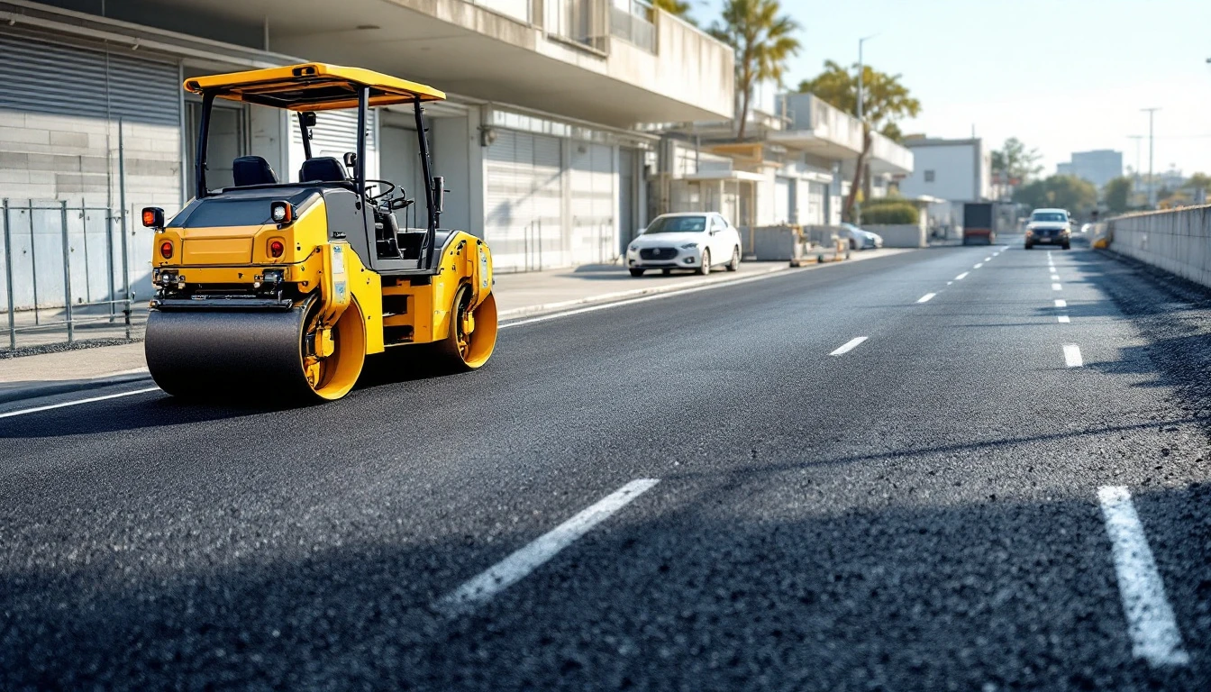 Ride-on roller parked beside a fresh asphalt mat in bright midday light