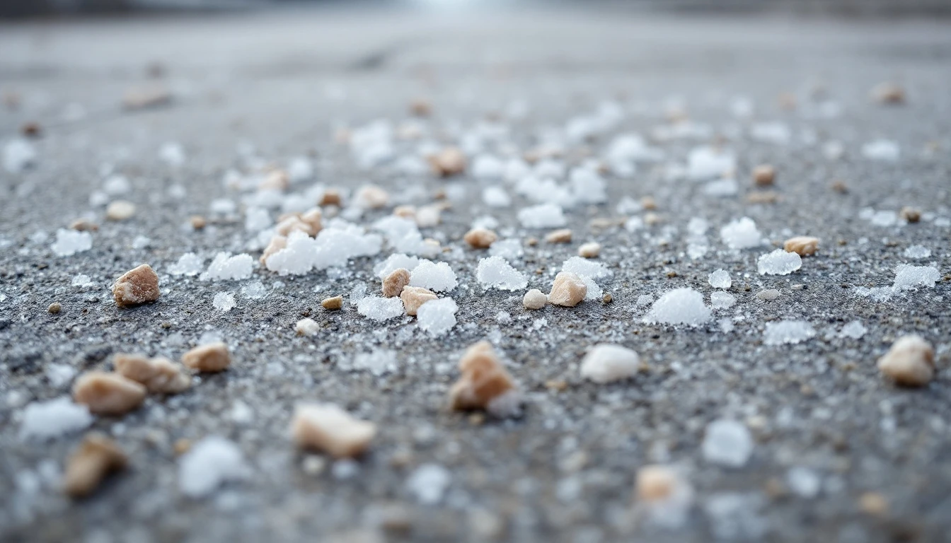 Rock salt granules scattered across an icy concrete driveway surface