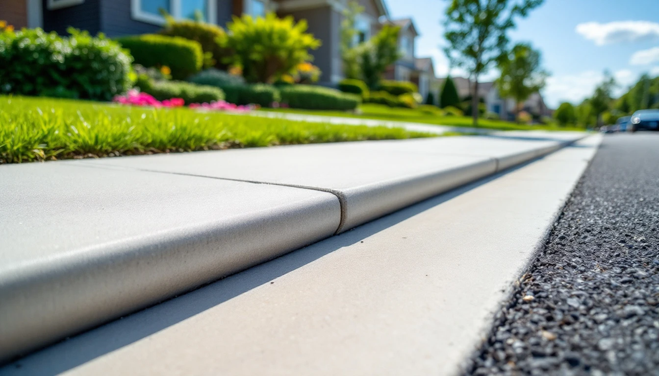 Concrete driveway apron meeting the street gutter at a rolled curb