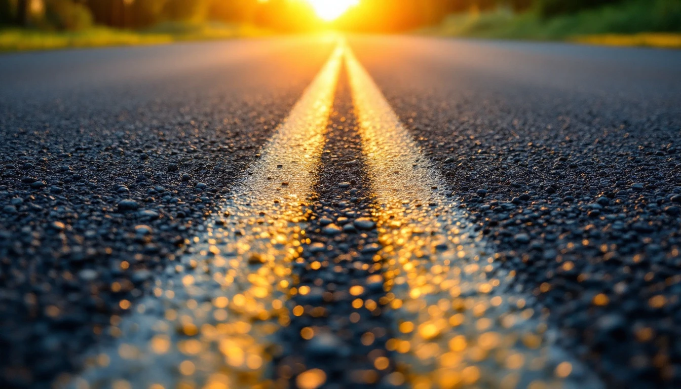 Fresh asphalt showing soft roller marks in warm evening light