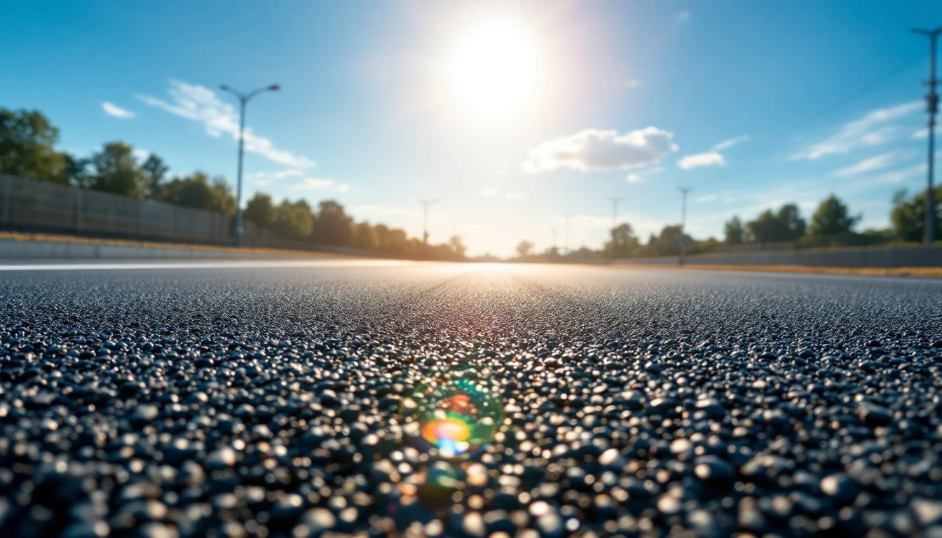Fresh asphalt mat showing roller passes under bright midday sun