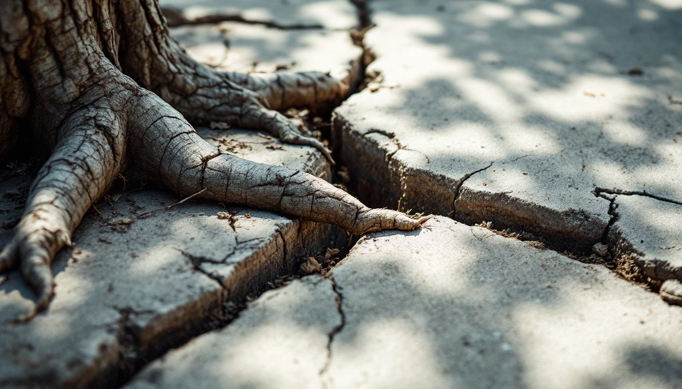 Tree root lifting the edge of a cracked concrete driveway slab