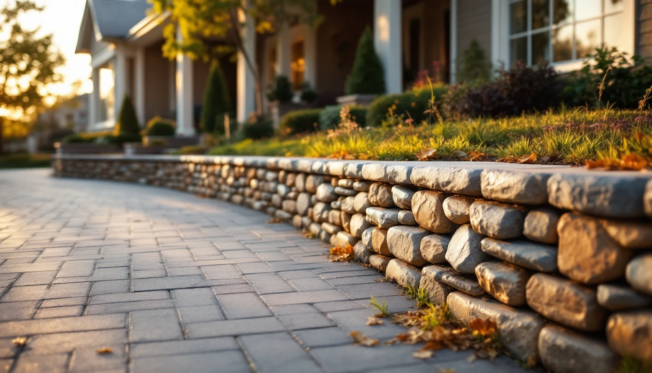 Low rounded stone retaining wall bordering a neat paver driveway at dusk