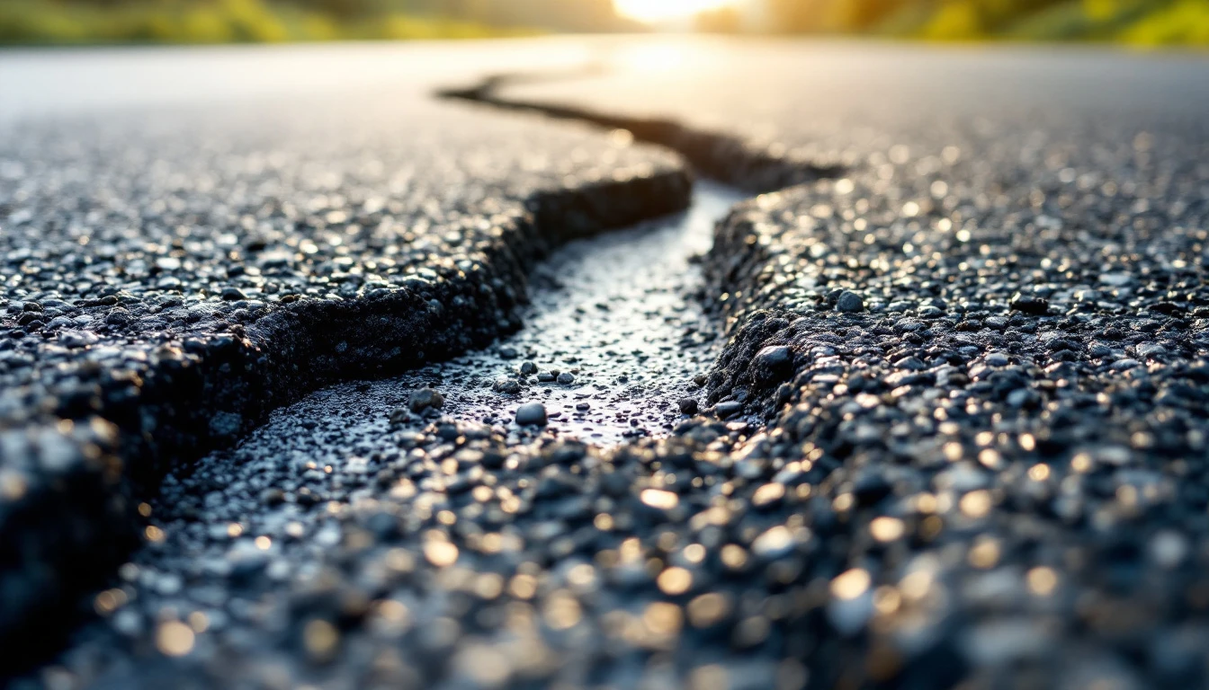 Freshly routed groove following a crack in weathered asphalt